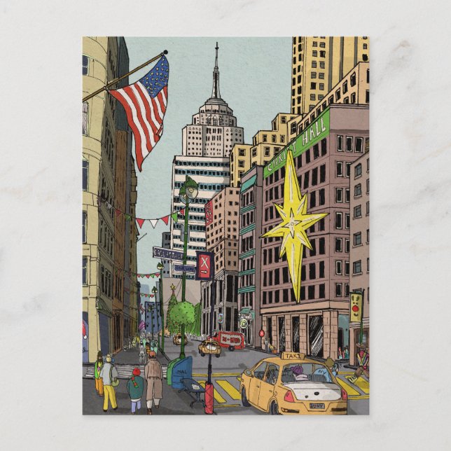 Cartão Postal Ilustração de Natal de Manhattan Winter New York (Frente)