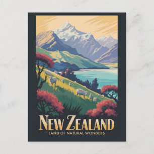 Cartão Postal Ilustração de ovelha da Nova Zelândia Arte de viag