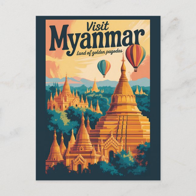 Cartão Postal Ilustração de Pagodes de Mianmar Arte de Viagem Vi (Frente)