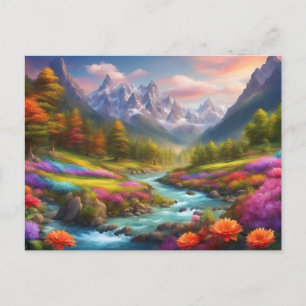 Cartão Postal Ilustração de paisagem de rio de montanha vibrante