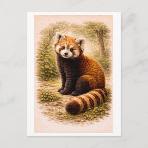 Cartão Postal Ilustração de Panda Vermelho em Estilo Vintage