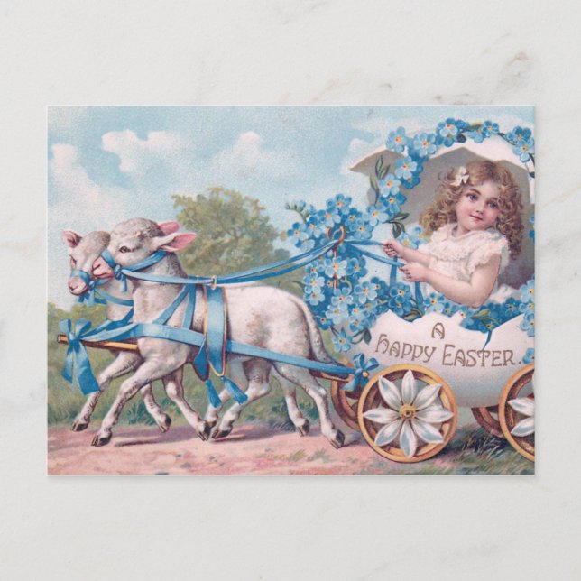 Cartão Postal Ilustração de Páscoa com Rapariga e Borregos (Frente)