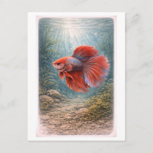 Cartão Postal Ilustração de Peixe Betta em Estilo Vintage