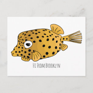 Cartão Postal Ilustração de peixe caixa amarelo em desenho anima