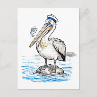Cartão Postal Ilustração de Pelicano Orgulhoso sobre Rocha com T