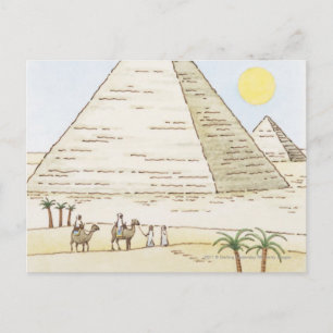 Cartão Postal Ilustração de pirâmides e homens com camelos