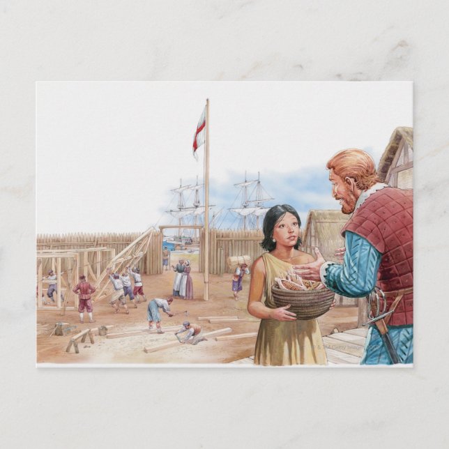 Cartão Postal Ilustração de Pocahontas visitando o Capitão John (Frente)