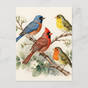 Cartão Postal Ilustração de Ramalhete de Flores de Pássaro Canto