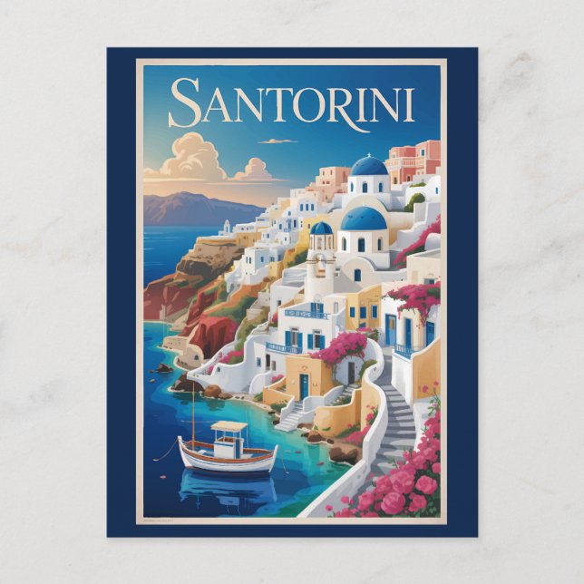 Cartão Postal Ilustração de Santorini Grécia Arte de Viagem Vint (Frente)