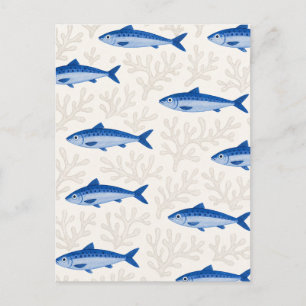 Cartão Postal Ilustração de Sardinha Azul com Padrão de Peixes C