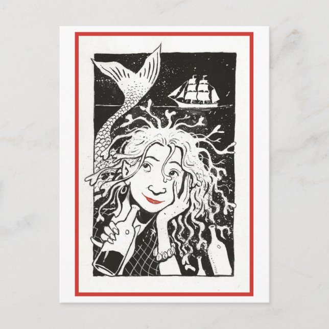 Cartão Postal Ilustração de Sereia Vintage Carefree (Frente)