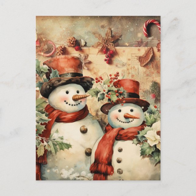 Cartão Postal Ilustração de Snowmen de Natal (Frente)