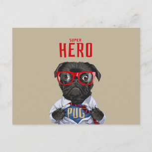 Cartão Postal Ilustração de super-herói Black Pug