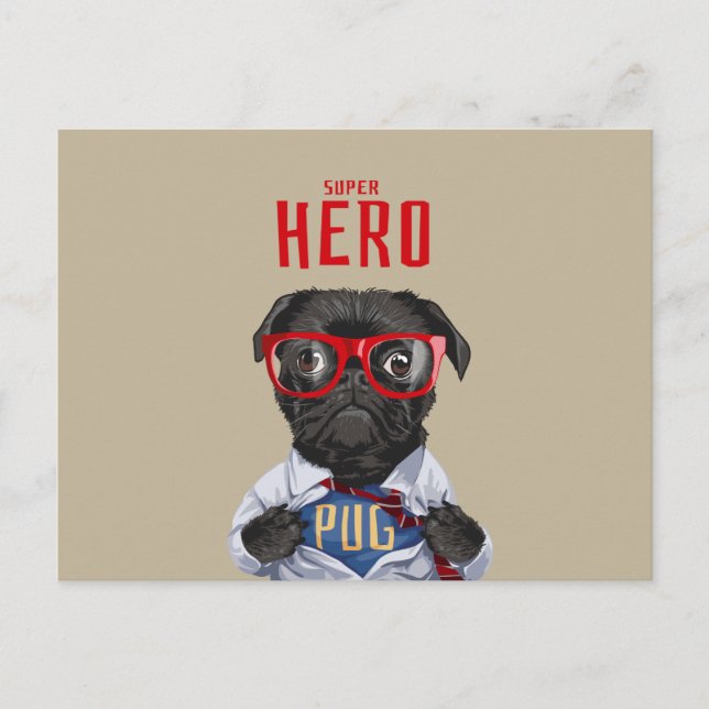 Cartão Postal Ilustração de super-herói Black Pug (Frente)