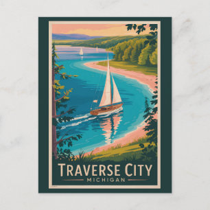 Cartão Postal Ilustração de Traverse City Michigan Arte de Viage