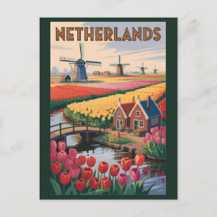 Cartão Postal Ilustração de Tulipas da Holanda Arte de Viagem Vi