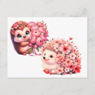 Cartão Postal Ilustração de um fofo casal de ouriços florais rom