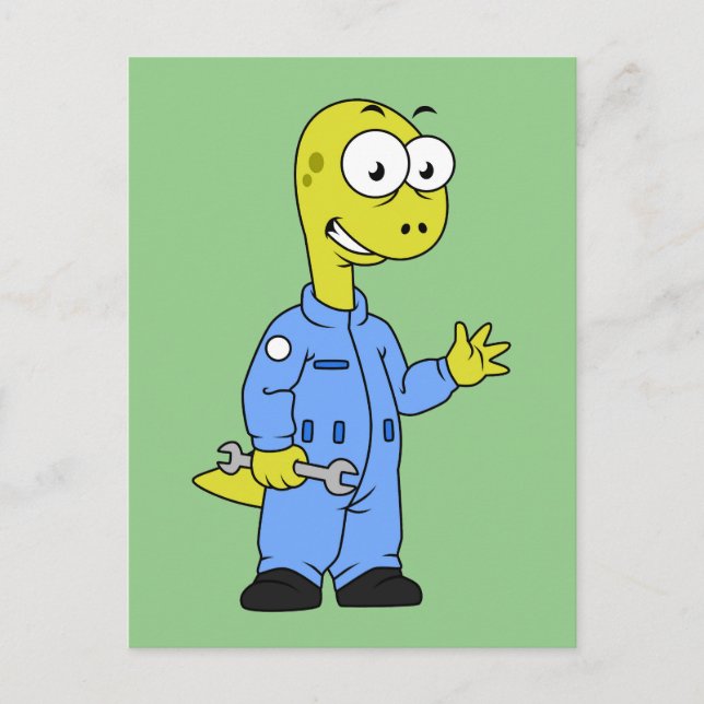 Cartão Postal Ilustração De Um Mecânico Brontossauro. (Frente)