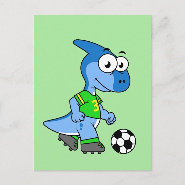 Cartão Postal Ilustração De Um Parasaurolofo Jogando Futebol. (Frente)