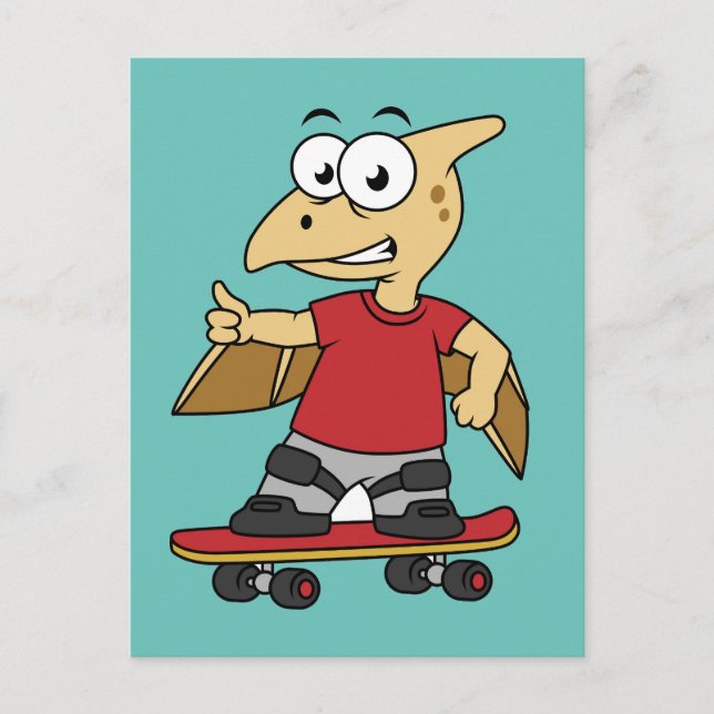 Cartão Postal Ilustração de um Pterossauro andando de skate. (Frente)