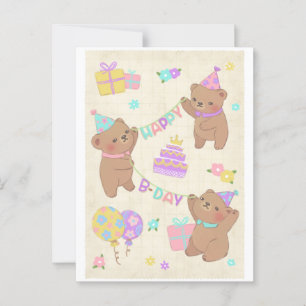 Cartão Postal Ilustração de Ursinhos de Pelúcia de Aniversário F