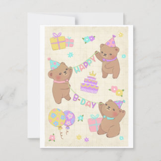 Cartão Postal Ilustração de Ursinhos de Pelúcia de Aniversário F