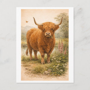 Cartão Postal Ilustração de Vaca das Terras Altas em Estilo Vint
