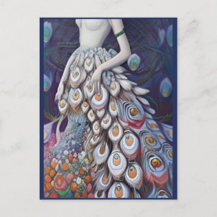 Cartão Postal Ilustração de vestido de noiva com pavão branco fa