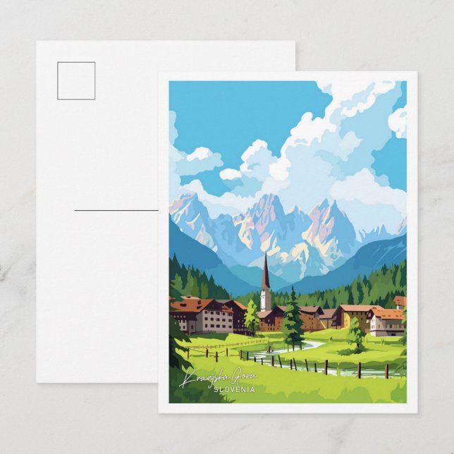 Cartão Postal Ilustração de viagem antiga de Kranjska Gora Eslov (Frente/Verso)
