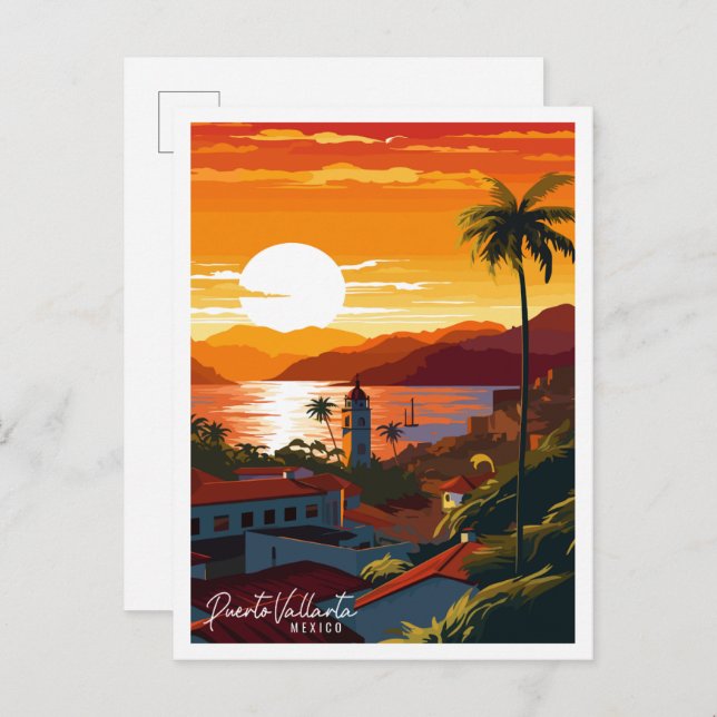 Cartão Postal Ilustração de viagem antiga de Puerto Vallarta Méx (Frente/Verso)
