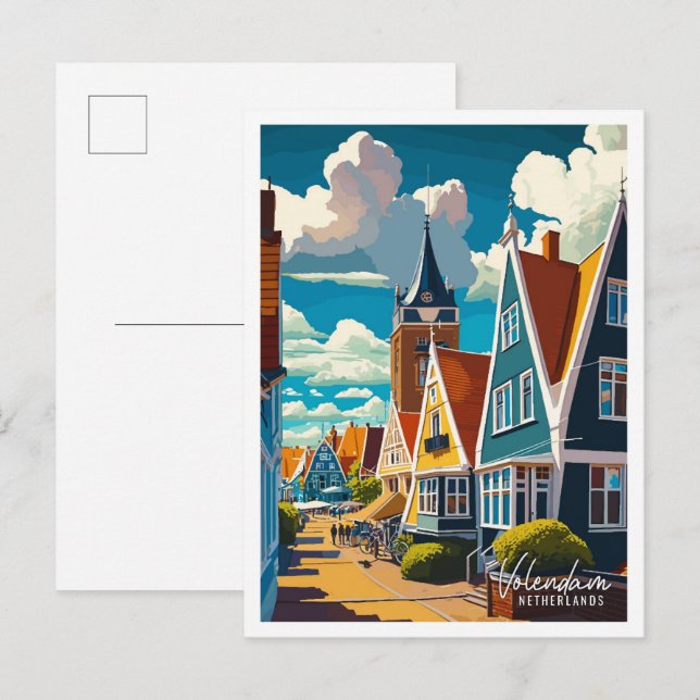 Cartão Postal Ilustração de viagem antiga de Volendam Holanda (Frente/Verso)