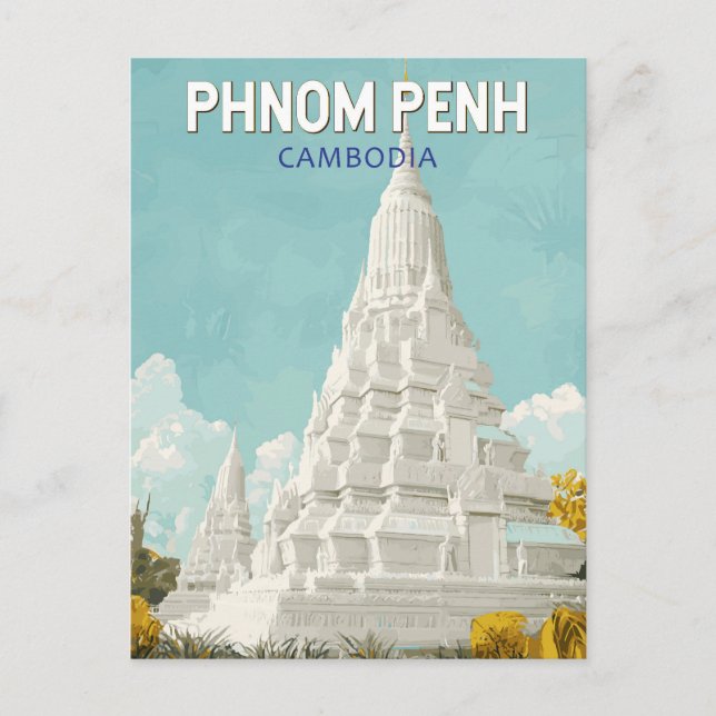 Cartão Postal Ilustração de Viagem Arte Retro Phnom Penh Camboja (Frente)