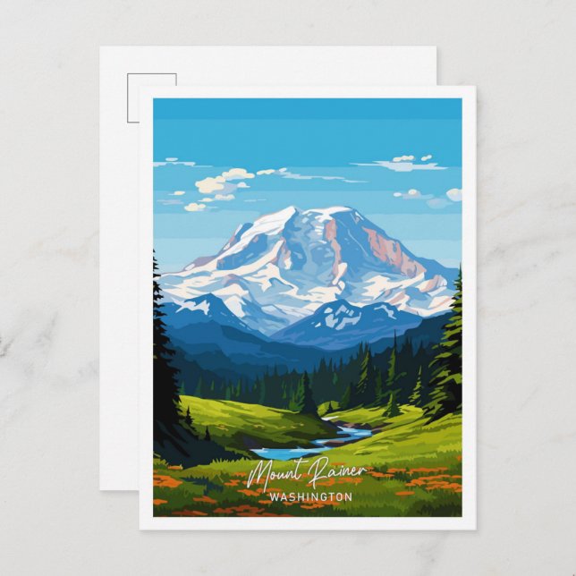 Cartão Postal Ilustração de viagem artística de Mount Rainer Was (Frente/Verso)
