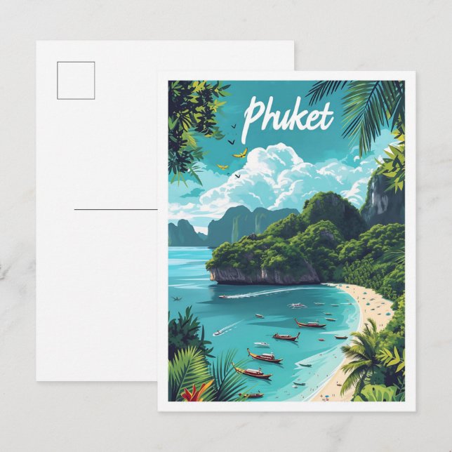 Cartão Postal Ilustração de Viagem artístico da Tailândia Phuket (Frente/Verso)
