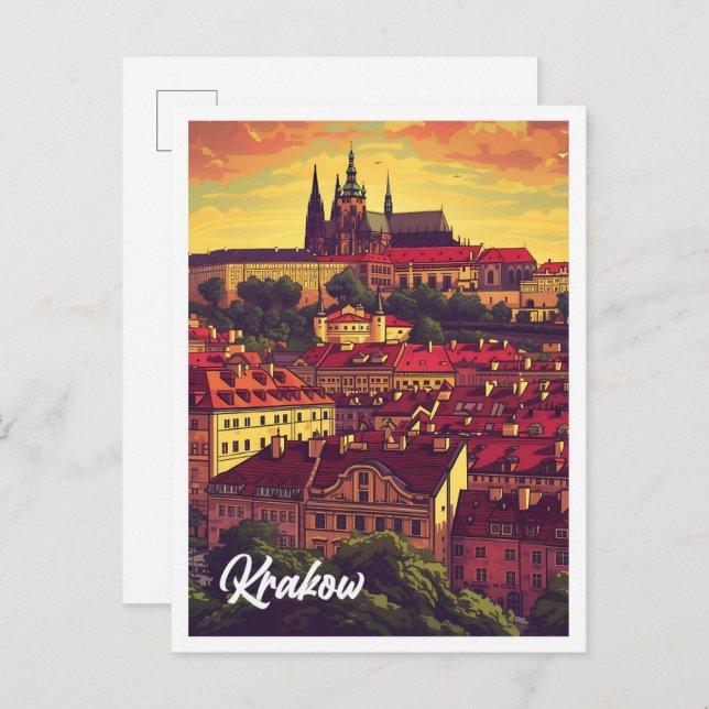 Cartão Postal Ilustração de Viagem artístico Polônia Krakow (Frente/Verso)
