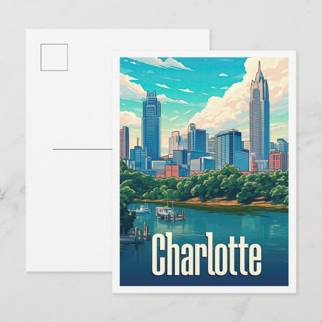 Cartão Postal Ilustração de Viagem Charlotte Carolina do Norte E (Frente/Verso)