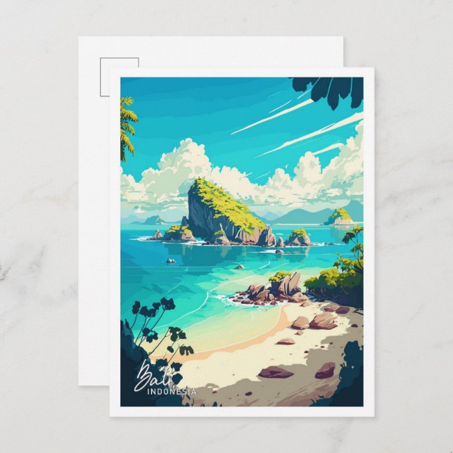 Cartão Postal Ilustração de Viagem da Bali Indonesia (Frente/Verso)