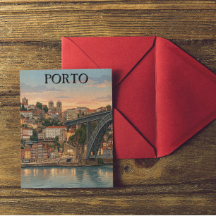 Cartão Postal Ilustração de Viagem da Cidade Vintage Porto Portu