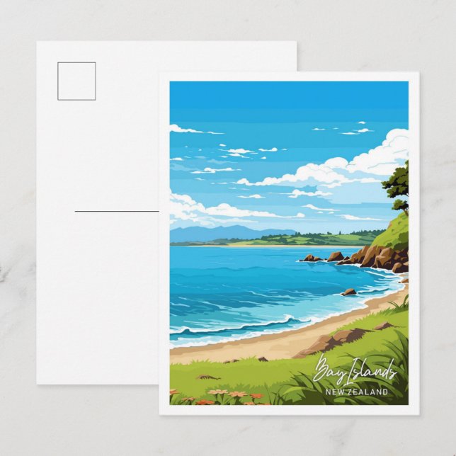 Cartão Postal Ilustração de Viagem da Nova Zelândia das Ilhas Ba (Frente/Verso)