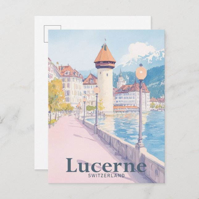 Cartão Postal Ilustração de Viagem de Aquarela de Suiça de Luzer (Frente/Verso)