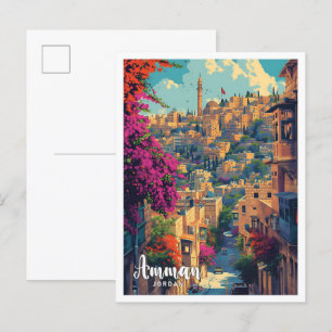 Cartão Postal Ilustração de Viagem de Arte Amman Jordan Vintage