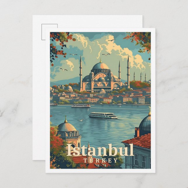 Cartão Postal Ilustração de Viagem de Arte em Istambul Turquia (Frente/Verso)