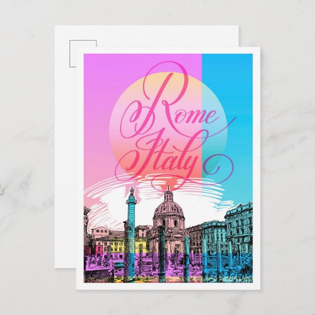 Cartão Postal Ilustração de Viagem de Arte em Roma Itália (Frente/Verso)