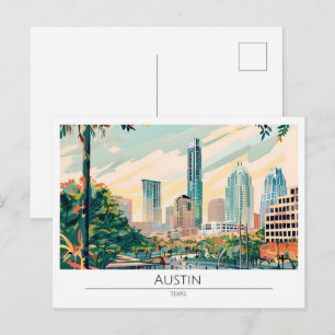 Cartão Postal Ilustração de Viagem de Arte Vintage Austin Texas