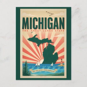 Cartão Postal Ilustração de Viagem de Arte Vintage de Michigan S