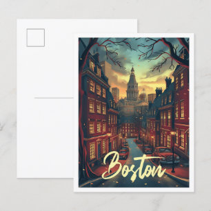 Cartão Postal Ilustração de Viagem de Arte Vintage em Boston