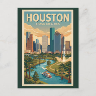 Cartão Postal Ilustração de Viagem de Arte Vintage Houston Texas
