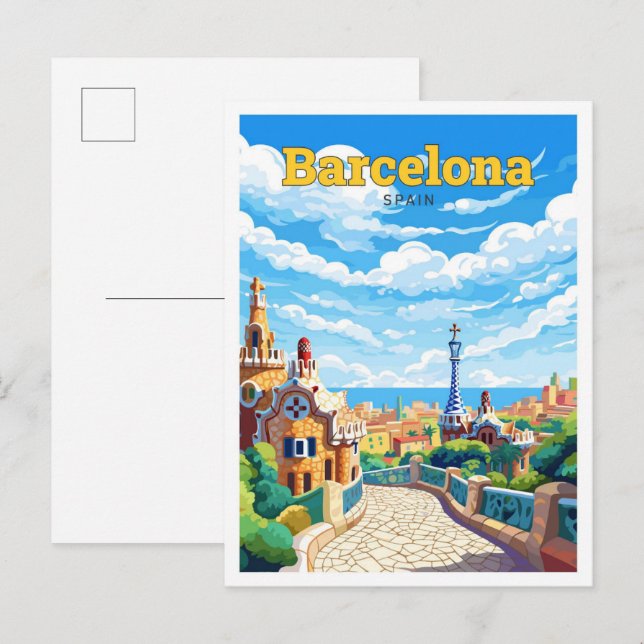 Cartão Postal Ilustração de Viagem de Espanha de Barcelona (Frente/Verso)