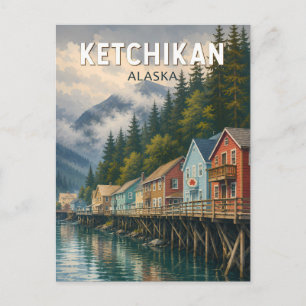 Cartão Postal Ilustração de Viagem de Ketchikan Alasca Vintage