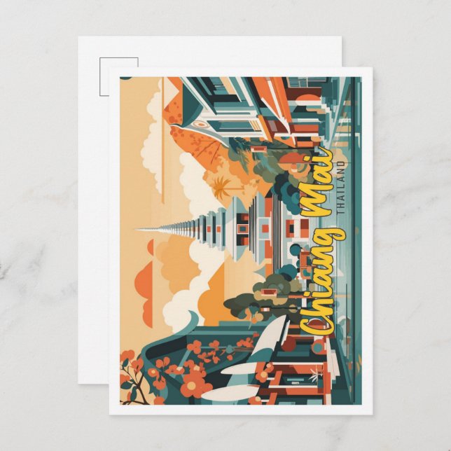 Cartão Postal Ilustração de Viagem de Pop de arte Chiang Mai Tha (Frente/Verso)